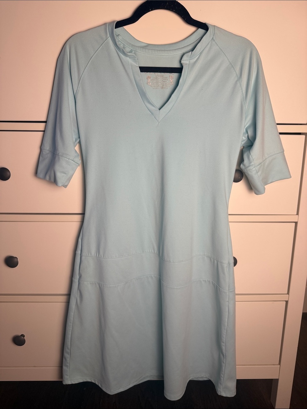 Soybu Sky Blue V-Neck Midi Dress with Drop Waist Appearance